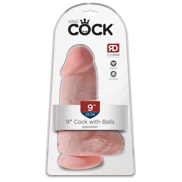 King Cock 9 Jäme iminapaga, munanditega dildo (23cm) - naturaalne 