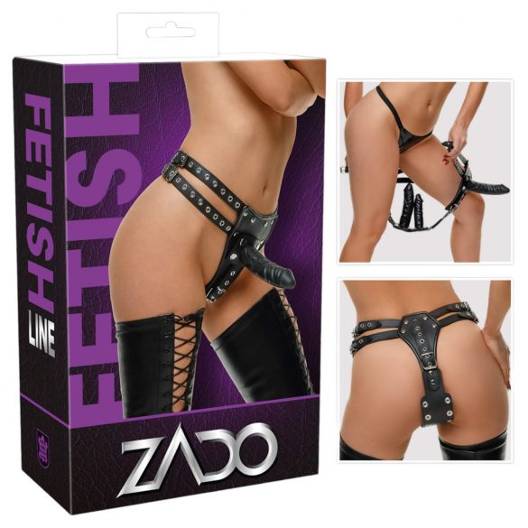 ZADO - nahast rihmad + 2 sisemise dildoga (must) - L/XL