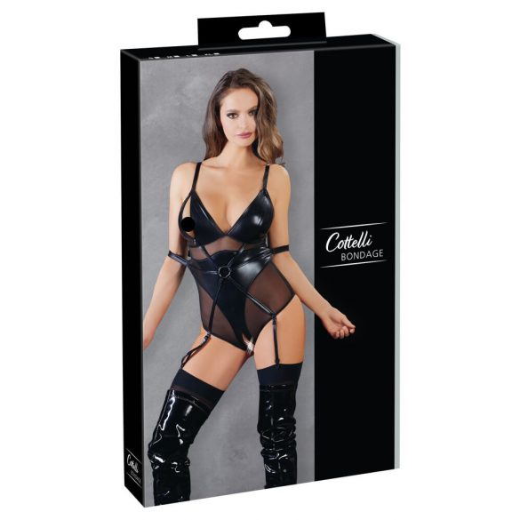 Cottelli Bondage - läikiv body käeraudadega (must)  - XL