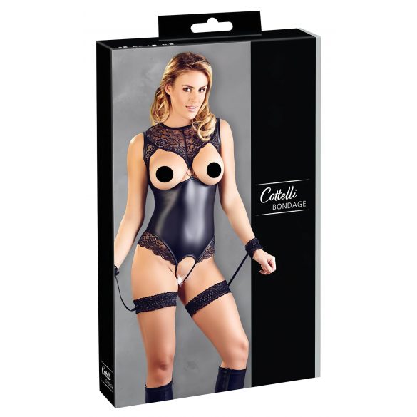 Cottelli Bondage - läikiv avatud body käekinnitustega (must) - XL